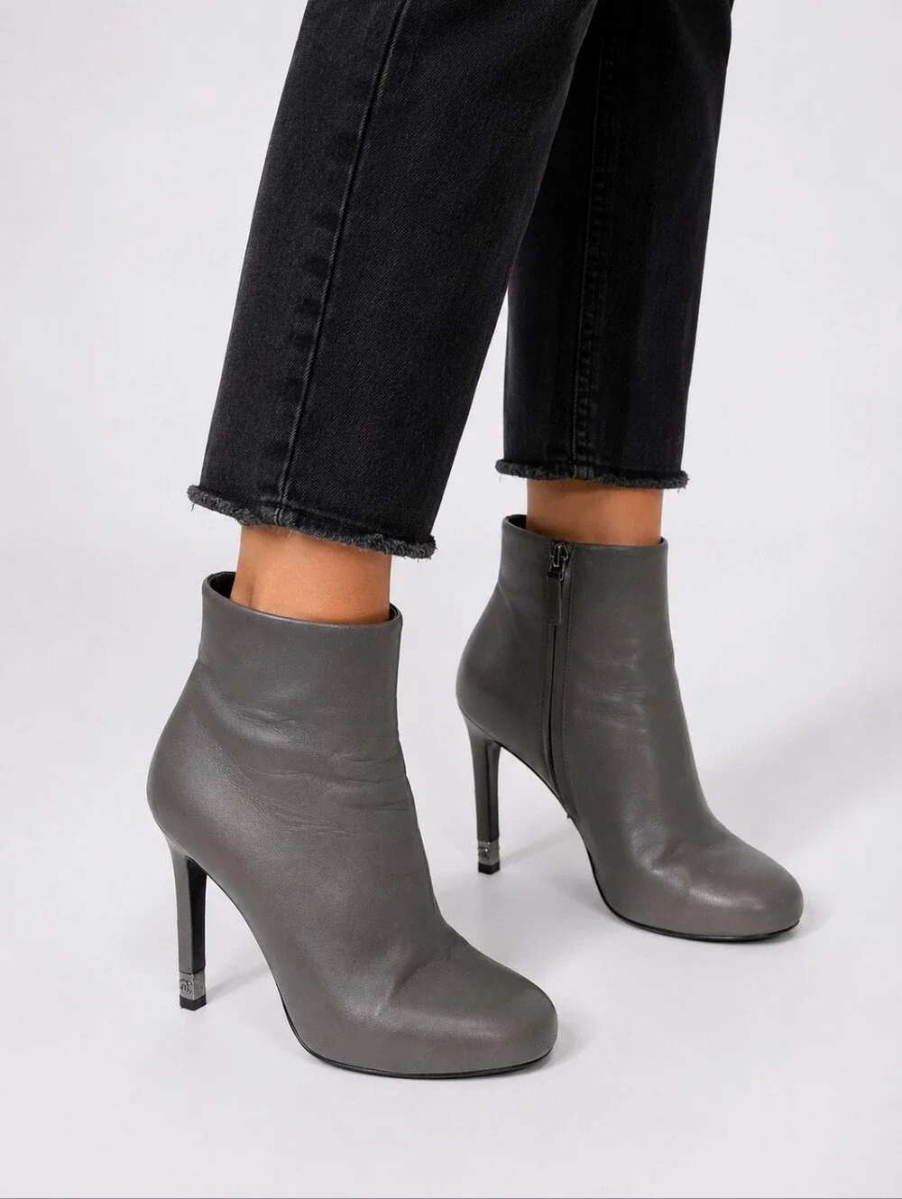 Chanel Dark Grey Lambskin Round Toe Short Booties Size 35.5